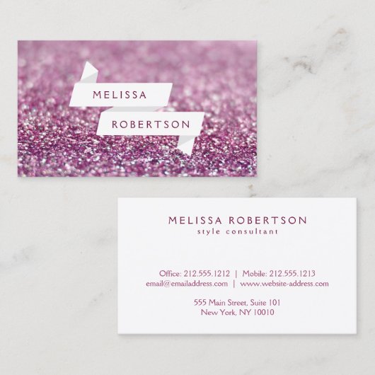 Wit Naam Lint in Roze Glitter Visitekaartje (Voorkant / Achterkant)