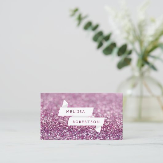 Wit Naam Lint in Roze Glitter Visitekaartje (Staand voorkant)