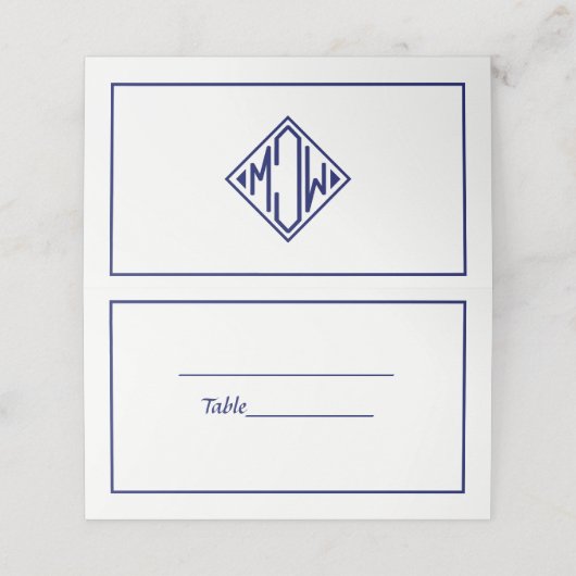 Wit Navy Blauw Diamant Monogram Font DIY BG Plaatskaartje (Buitenkant ongevouwen)