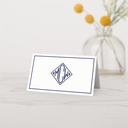 Wit Navy Blauw Diamant Monogram Font DIY BG Plaatskaartje (Achterkant)