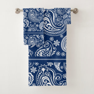 Wit & Navy Blauw Elegant  Paisley Patroon Bad Handdoek