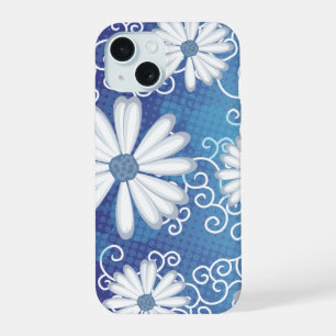 Wit Navy Blauwe Stippen Madeliefjes Bloemen Bloemm iPhone 15 Case