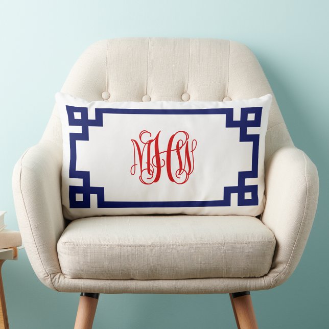Wit Navy Rood Griekse Sleutel Wing Monogram DIY BG Kussen (Creator heeft geüpload)