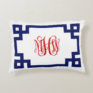 Wit Navy Rood Griekse Sleutel Wing Monogram Doe-he Accent Kussen