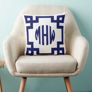 Wit Navyblauw Cirkel Monogram Griekse Sleutel DIY Kussen
