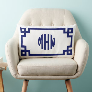 Wit Navyblauw Cirkel Monogram Griekse Sleutel DIY Kussen