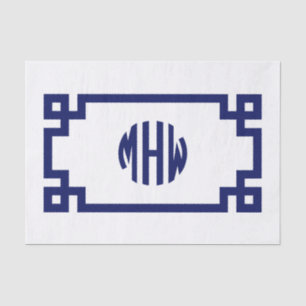 Wit Navyblauw Cirkel Monogram Griekse Sleutel DIY Tissuepapier