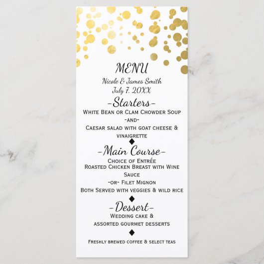 Wit & Nepgoud Confetti Elegante Menukaart (Voorkant)
