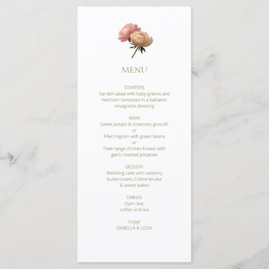 Wit & Olijf | Chic Floral Roos bruiloft Menu (Voorkant)