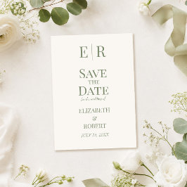 Wit & Olijfgroen Monogram Save the Date Kaart