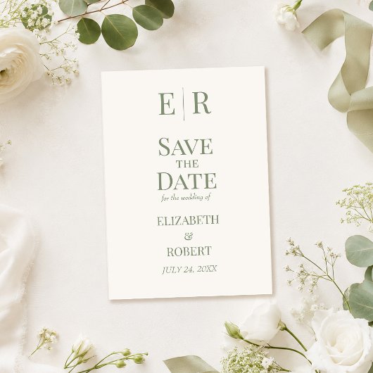 Wit & Olijfgroen Monogram Save the Date Kaart