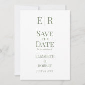 Wit & Olijfgroen Monogram Save the Date Kaart (Voorkant)
