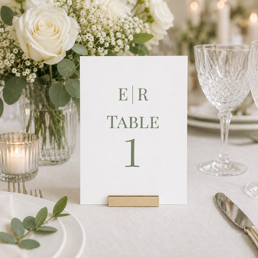 Wit & Olijfgroen Monogram Tafelnummer Bruiloft