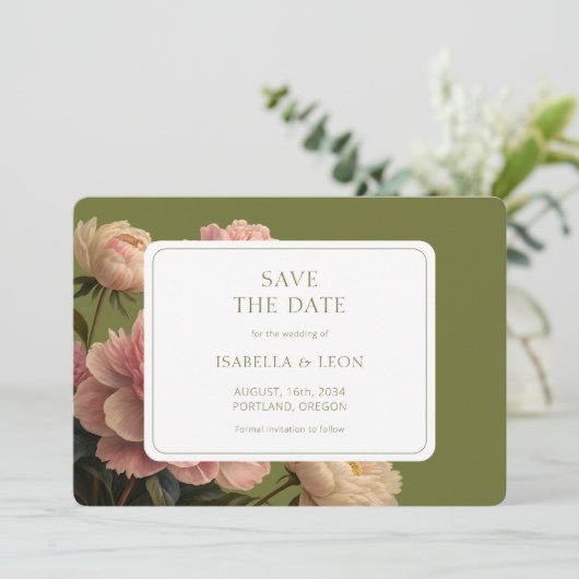 Wit | Olijfgroen  Roos bruiloft Kaart (Staand voorkant)