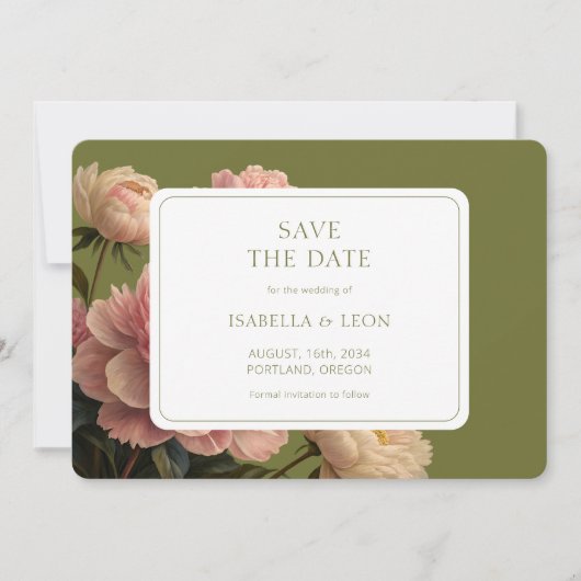 Wit | Olijfgroen Roos bruiloft Kaart (Voorkant)