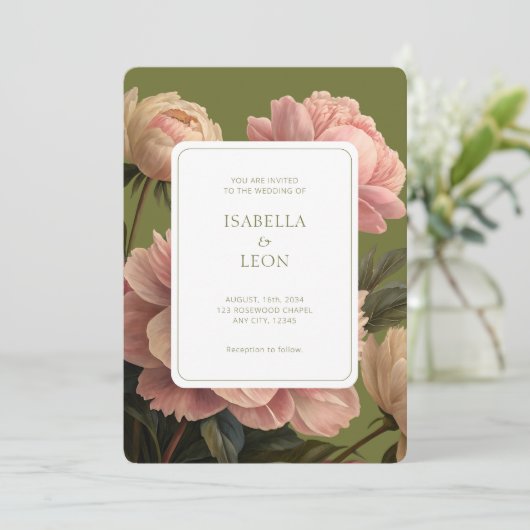 Wit | Olijfgroen Roos bruiloft Kaart (Staand voorkant)