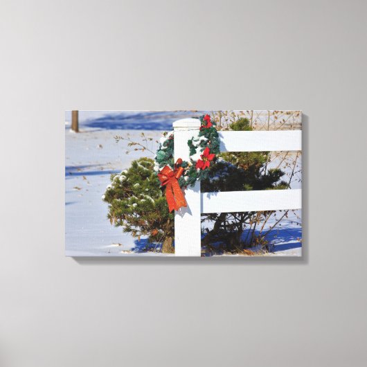 Wit omheining met sneeuw en een Roosterd Canvas Afdruk (Voorkant)