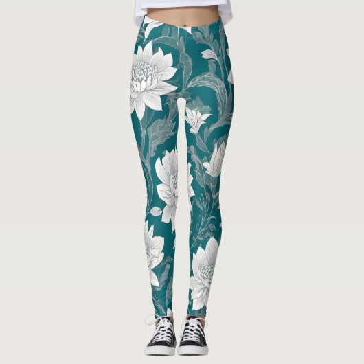 Wit oosters bloemontwerp leggings (Voorkant)