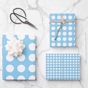 Wit op Baby Blauw Verschillende Maten Hor. Polka D Inpakpapier Vel