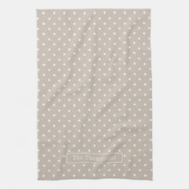 Wit op beige polka stippen patroon met eigen naam theedoek