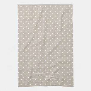 Wit op beige polka stippen patroon met eigen naam theedoek