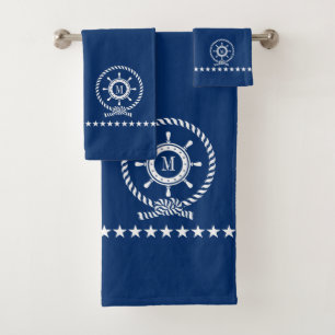 Wit op blauw nautisch bootwiel knoop Monogram Bad Handdoek