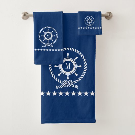 Wit op blauw nautisch bootwiel knoop Monogram Bad Handdoek (Insitu)