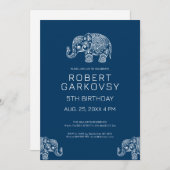 Wit op blauwe bloemige olifant uitnodiging (Voorkant / Achterkant)