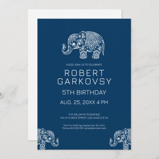 Wit op blauwe bloemige olifant uitnodiging (Voorkant / Achterkant)