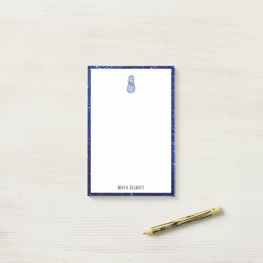Wit op Blauwe Faux Glitter Ananas & Rand Post-it® Notes (Op bureau)