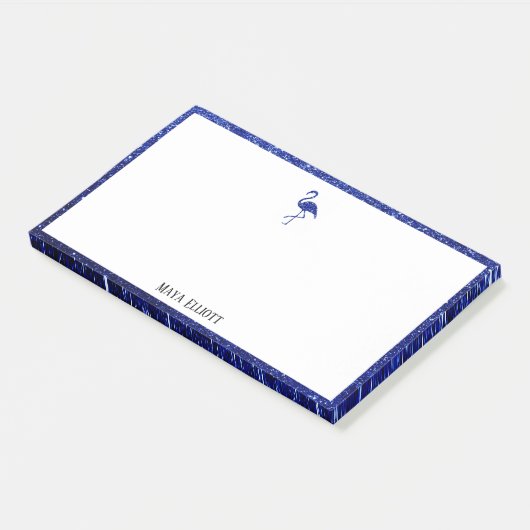 Wit op Blauwe Faux Glitter Flamingo & Rand, Naam Post-it® Notes (Schuin)