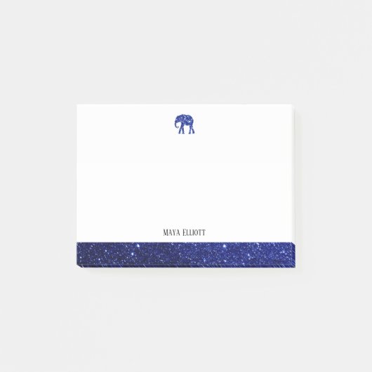 Wit op Blauwe Faux Glitter Olifant & Rand, Naam Post-it® Notes (Voorkant)