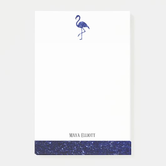 Wit op Blauwe Nep Glitter Flamingo & Rand, Naam Post-it® Notes (Voorkant)
