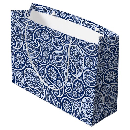 Wit op blauwe vintage paisley motief groot cadeauzakje (Achterkant Gekanteld)