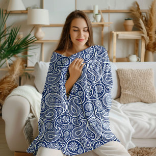 Wit op blauwe vintage paisley patroon fleece deken
