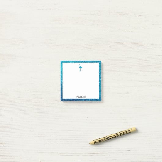Wit op Blauwgroen Faux Glitter Flamingo & Border,  Post-it® Notes (Op bureau)