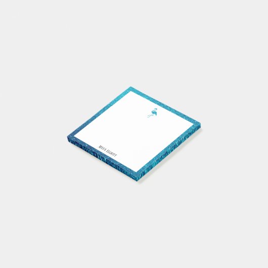 Wit op Blauwgroen Faux Glitter Flamingo & Border,  Post-it® Notes (Schuin)