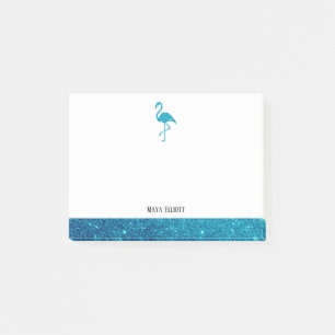 Wit op Blauwgroen Faux Glitter Flamingo & Border,  Post-it® Notes