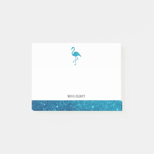 Wit op Blauwgroen Faux Glitter Flamingo & Border,  Post-it® Notes (Voorkant)