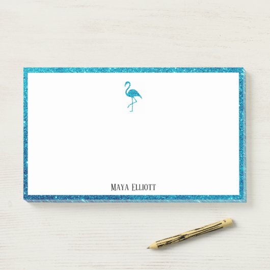 Wit op Blauwgroen Faux Glitter Flamingo & Border,  Post-it® Notes (Op bureau)