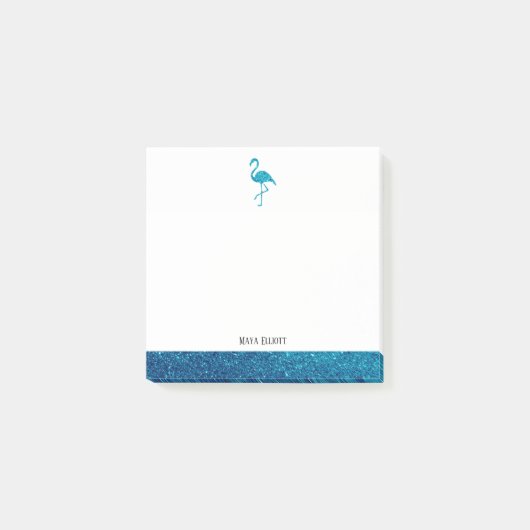 Wit op Blauwgroen Faux Glitter Flamingo & Border,  Post-it® Notes (Voorkant)