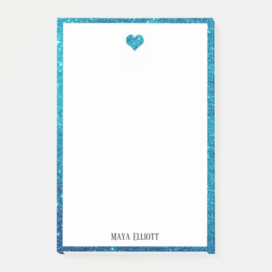 Wit op Blauwgroen Faux Glitter Heart & Border, Naa Post-it® Notes (Voorkant)