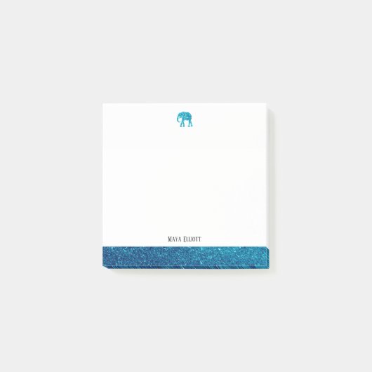 Wit op Blauwgroen Faux Glitter Olifant & Rand, Naa Post-it® Notes (Voorkant)