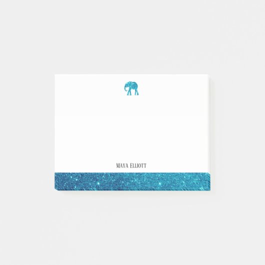 Wit op Blauwgroen Faux Glitter Olifant & Rand, Naa Post-it® Notes (Voorkant)