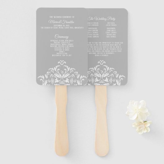 Wit op grijze elegante damasten huwelijksprogramma handwaaier (Voorkant en achterkant)