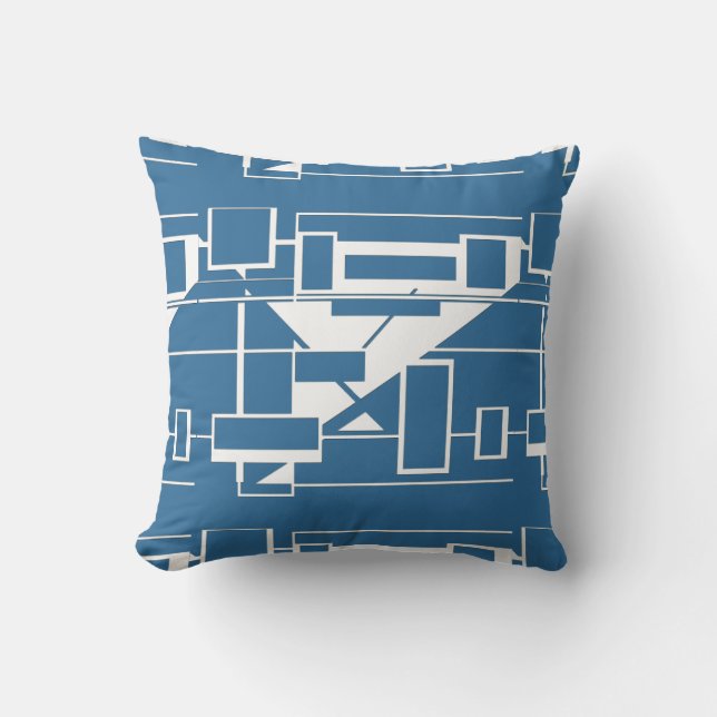 Wit op helderblauw geometrisch Abstract labyrint Kussen (Voorkant)