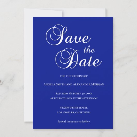 Wit op Koninklijk Blauwe Decoratieve Script Save The Date (Voorkant)
