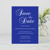 Wit op Koninklijk Blauwe Decoratieve Script Save The Date (Staand voorkant)