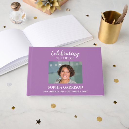 Wit op Lavendel Viering van het Leven met Foto Gastenboek (Voorkant open)