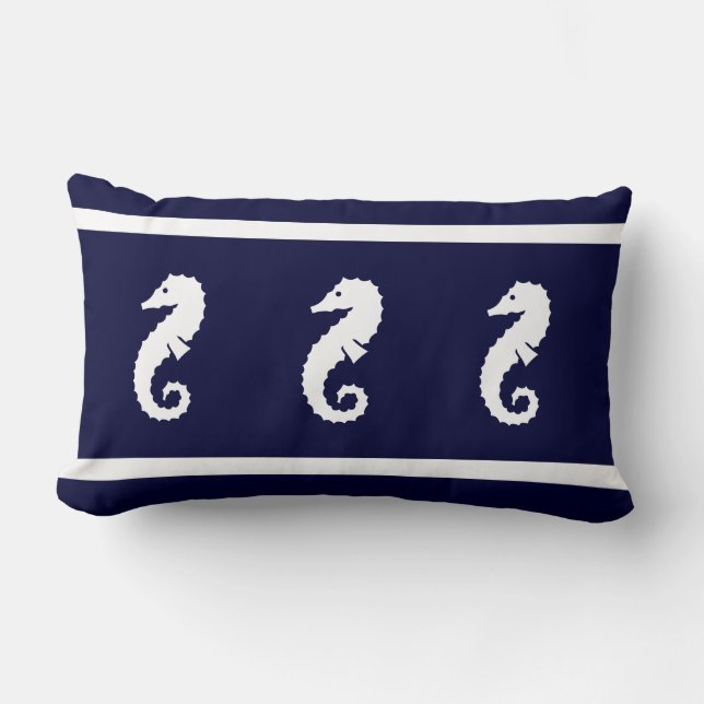 wit op marineblauw  ZEEPAARD   wonen aan de kust Kussen (Voorkant)